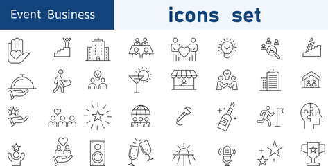 Set of Event Business web icons in line style. business, coaching, gift, vector. Vector illustration bundle .
