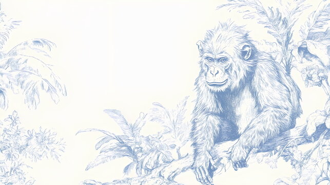Artistic Monkey and Jungle Foliage in Blue Tones on White