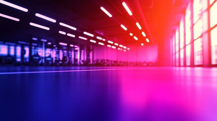 Futuristic gym interior with vibrant neon lighting and blurred fitness equipment in background