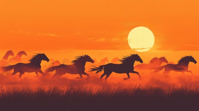 Caballos corriendo al atardecer