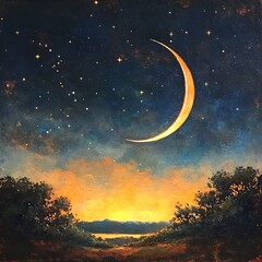 Fototapeta premium Crescent moon over a tranquil landscape at twilight