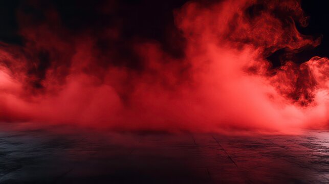 Red smoke fills dark room. Abstract smoke effect against black background. Concrete floor. Empty scene. Ideal for product presentation or studio display. Dramatic and mysterious atmosphere.