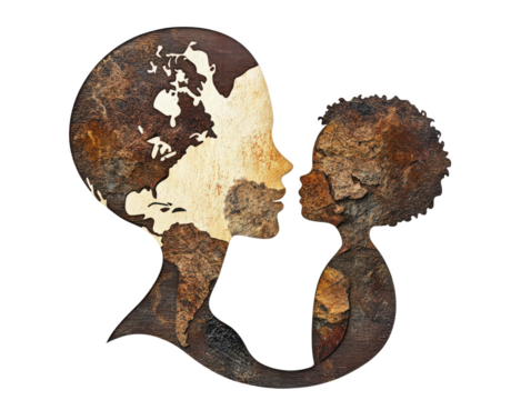 Abstract Mother and Child Portrait Earth Tones, Textured Art, Wooden Design