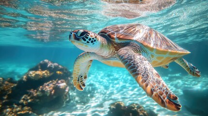 Fototapeta premium Tortuga nadando en aguas cristalinas