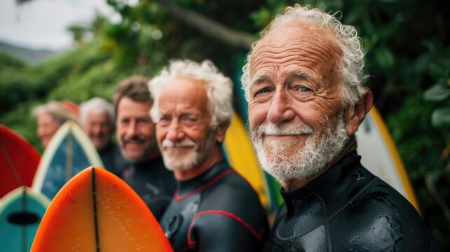 Group of senior surfers enjoying surfing adventure in tropical setting,International Surfing Day