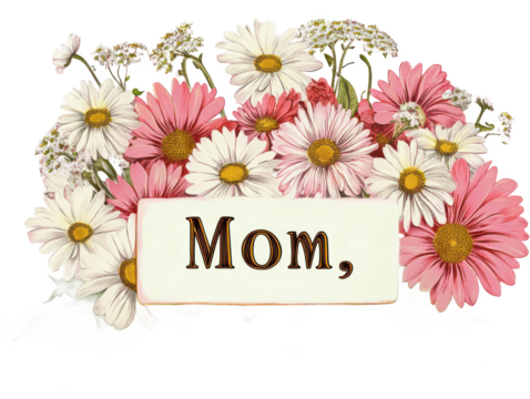 Beautiful Pink and White Daisy Floral Bouquet with Mom Sign for Mother's Day Card