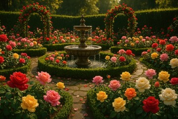 Rose garden with central fountain and floral arches in symmetrical landscape design

