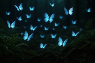 Glowing butterflies flying in mystical dark forest surrounded by ferns and roots at night

