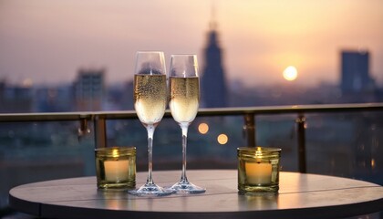 Obraz premium Two champagne glasses rising above a candlelit table in a rooftop bar