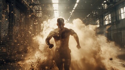 Obraz premium Powerful Athlete Sprinting Through Dusty Environment Dynamic Action Shot Fitness Motivation