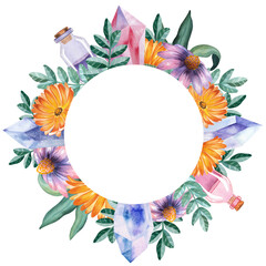 Naklejka premium Herbology, flowers, rose, calendula, echinacea, composition, leaves, feathers, crystal, potion, wreath, witchcraft, magic, alchemy, watercolor, illustration, set, purple, orange, green, decor