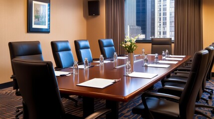 Modern conference room with a large table, chairs, and city view, ready for a meeting