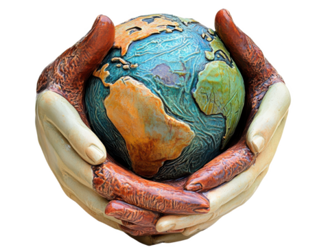 Ceramic Earth Globe Held in Hands Unity, Environmental Conservation Artwork