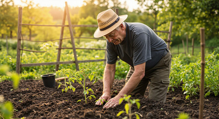 Elderly man planting seedlings in garden at sunset  