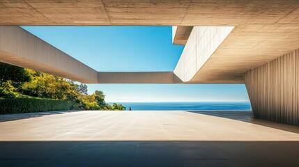Fototapeta premium Empty modern concrete architecture exterior. Open space with sunlight. Futuristic design. View of sky, possibly sea. Stylish, contemporary design for commercial residential building.