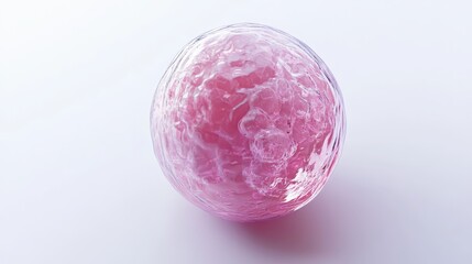 A semi transparent pink sphere sitting on a white surface