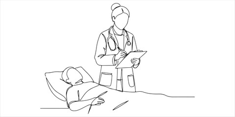 A single continuous line illustration depicts a young female doctor standing while holding a clipboard to assess the condition of a sick patient in a hospital. This artwork represents the concept.