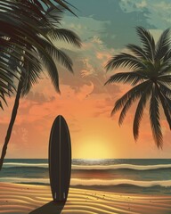 Tropical sunset with surfboard on beach - perfect summer vacation scene for posters and prints,International Surfing Day