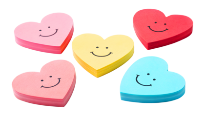 Cute and colorful heart-shaped smiley faces in pastel tones, spreading joy, happiness, and positivity with a friendly and playful aesthetic.