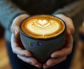 A person is holding a cup of coffee with a heart design on it. The coffee is hot and the person is holding it with both hands