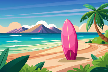 A minimalistic summer beach scene vector with a pink surfboard standing upright on soft sand, a small island in the distance