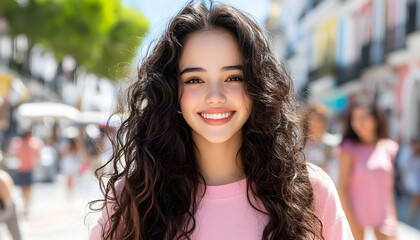 Obraz premium Smiling woman, long curly hair, city street, sunny day