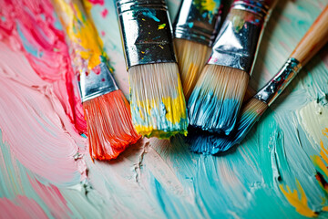 Fototapeta premium Close-up of paintbrushes dripping with vivid colors showcasing artistic creativity and expressive painting techniques