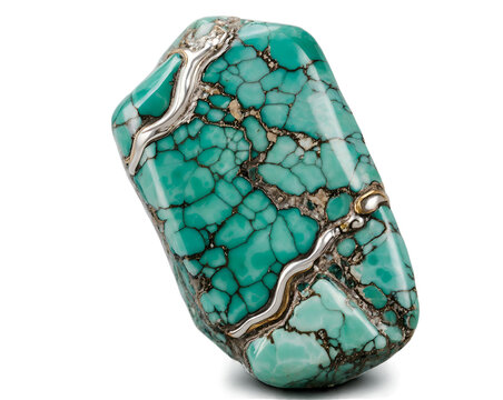 Exquisite variscite gemstone artfully adorned with precious metal accentuation showcasing intricate matrix patterns and captivating aesthetics, captured in studio lighting
