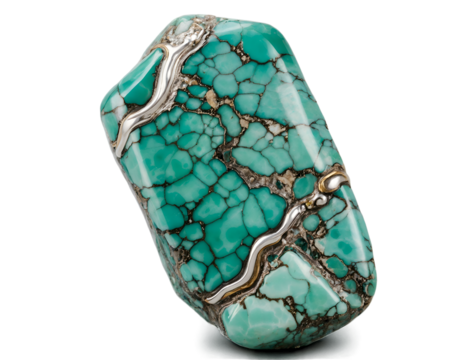 Exquisite variscite gemstone artfully adorned with precious metal accentuation showcasing intricate matrix patterns and captivating aesthetics, captured in studio lighting