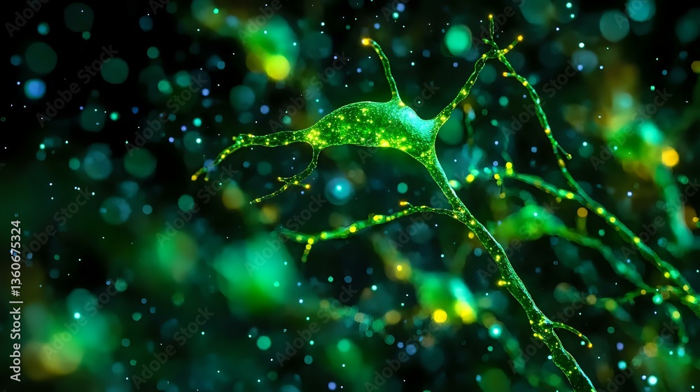 Poster glowing green neural network visualization with luminous connections and bokeh effects on dark backg
