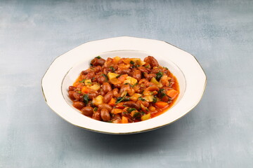 Traditional delicious Turkish food; Kidney beans with olive oil, Red kidney bean stew, Turkish name; Barbunya pilaki