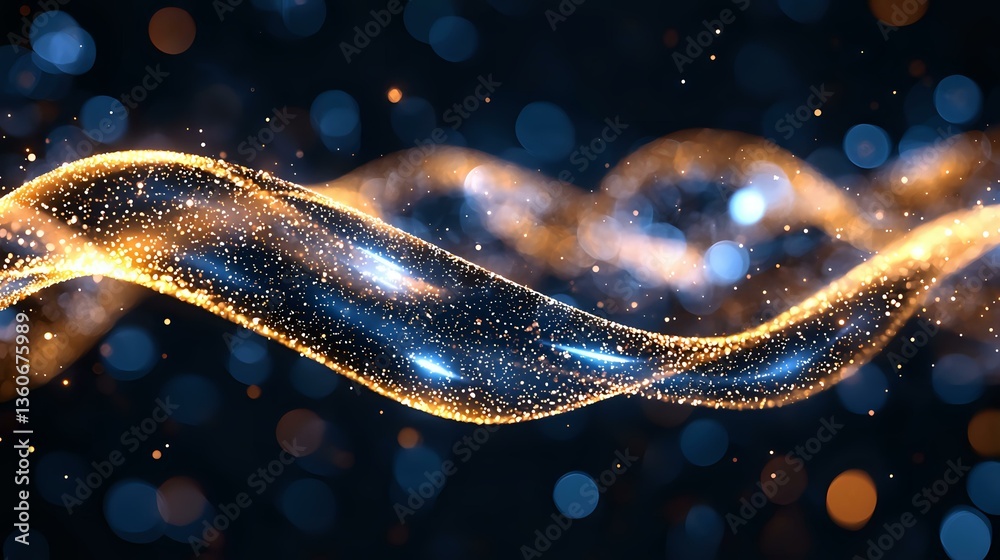 Poster glowing golden waves with sparkles flow through dark space creating magical light trails against blu