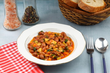 Traditional delicious Turkish food; Kidney beans with olive oil, Red kidney bean stew, Turkish name; Barbunya pilaki