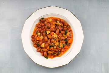 Traditional delicious Turkish food; Kidney beans with olive oil, Red kidney bean stew, Turkish name; Barbunya pilaki