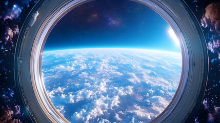 Fototapeta premium Spaceship Window View Earth, Clouds, and Cosmos