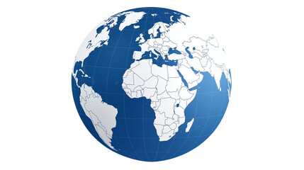 A blue and white globe showing continents and countries on a black background designisolated on transparent background	