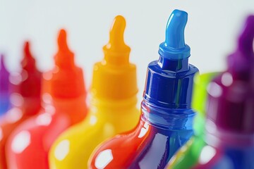 Colorful plastic bottles with caps. Close-up view of various colored plastic bottles, showcasing vibrant hues.  Each bottle features a distinct color and a unique cap design