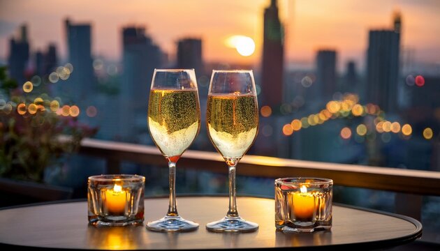 Two champagne glasses rising above a candlelit table in a rooftop bar