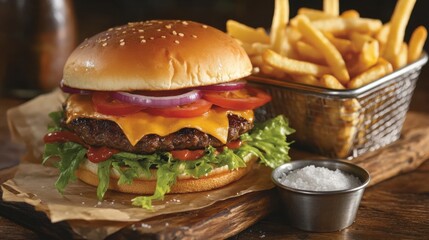 Fotografía de hamburguesa con papas fritas