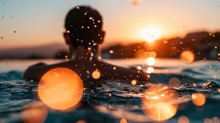 Sunset Serenity Silhouette in Water with Bokeh Lights