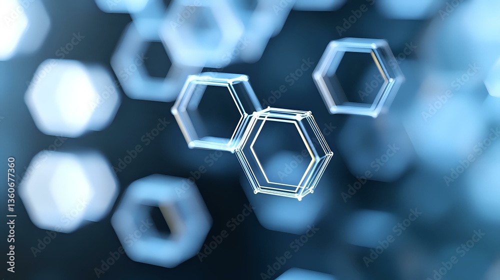 Poster glowing blue hexagonal molecular structures on dark background with selective focus create futuristi