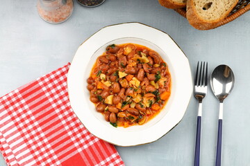 Traditional delicious Turkish food; Kidney beans with olive oil, Red kidney bean stew, Turkish name; Barbunya pilaki