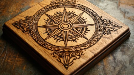 Intricately Carved Wooden Compass Rose Box