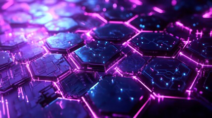 Obraz premium Abstract futuristic tech background with hexagon pattern. Purple, blue colors create digital concept design. Geometric polygonal wallpaper shows grid connections through dots, lines. Network