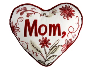 HeartShaped Mom Pillow, Red & White Floral Embroidery, Mother's Day Gift