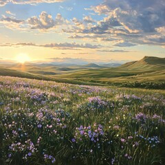 Obraz premium Sunset Prairie Landscape Painting Vibrant Wildflowers at Golden Hour