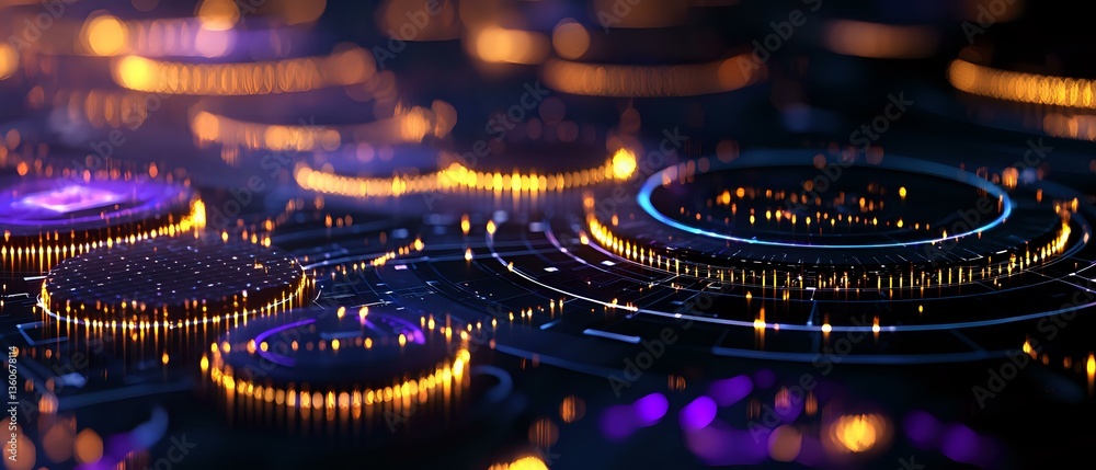 Aufkleber Glowing circular patterns with golden and purple lights creating futuristic technological abstract background with bokeh effect and depth of field.