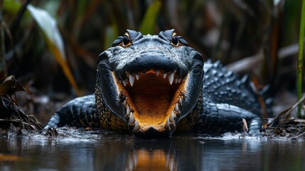 Obraz premium Crocodile in murky swamp water, mouth open
