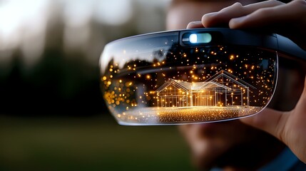 Magical glowing greenhouse reflected in sunglasses lens with bokeh light effects and sparkles at dusk, creative photography composition showing evening atmosphere.