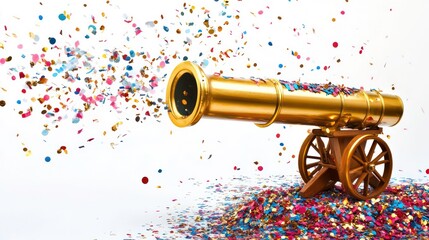 Golden cannon blasts vibrant colorful confetti. Festive explosion of confetti decorates white background. Lively celebration event. Fun, joyful occasion. Celebration event with loud fun blast of